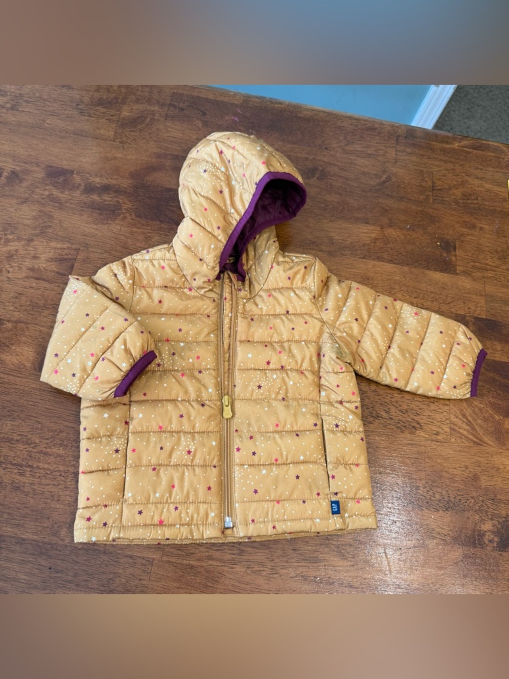 GAP Baby Mustard and Purple Star Trim Puffer Jacket